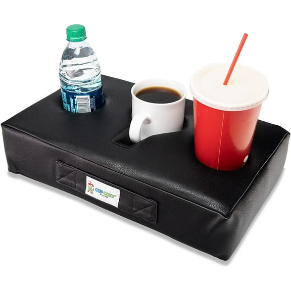 The Original Cup Cozy Pillow 3 Hole Black Faux Leather- As Seen on TV-Cup Holder Caddy for Couch, Sofa, Bed, Car, RV, Park, Beach, & More