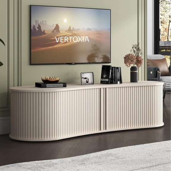 Fluted TV Stand with Storage Cabinet, 59″ Media Console with Sliding Tambour Door, Mid Century Modern Entertainment Center for Living Room, Oval Light Wood TV Stand for Bedroom, Off White