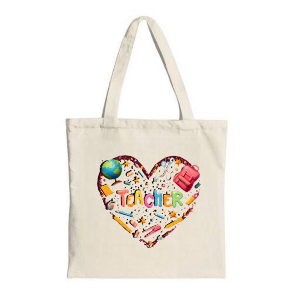 Heart-Shaped design tote bag with vibrant ' TEACHER ' lettering perfect for shopping travel and parties Stylish and multifunctional