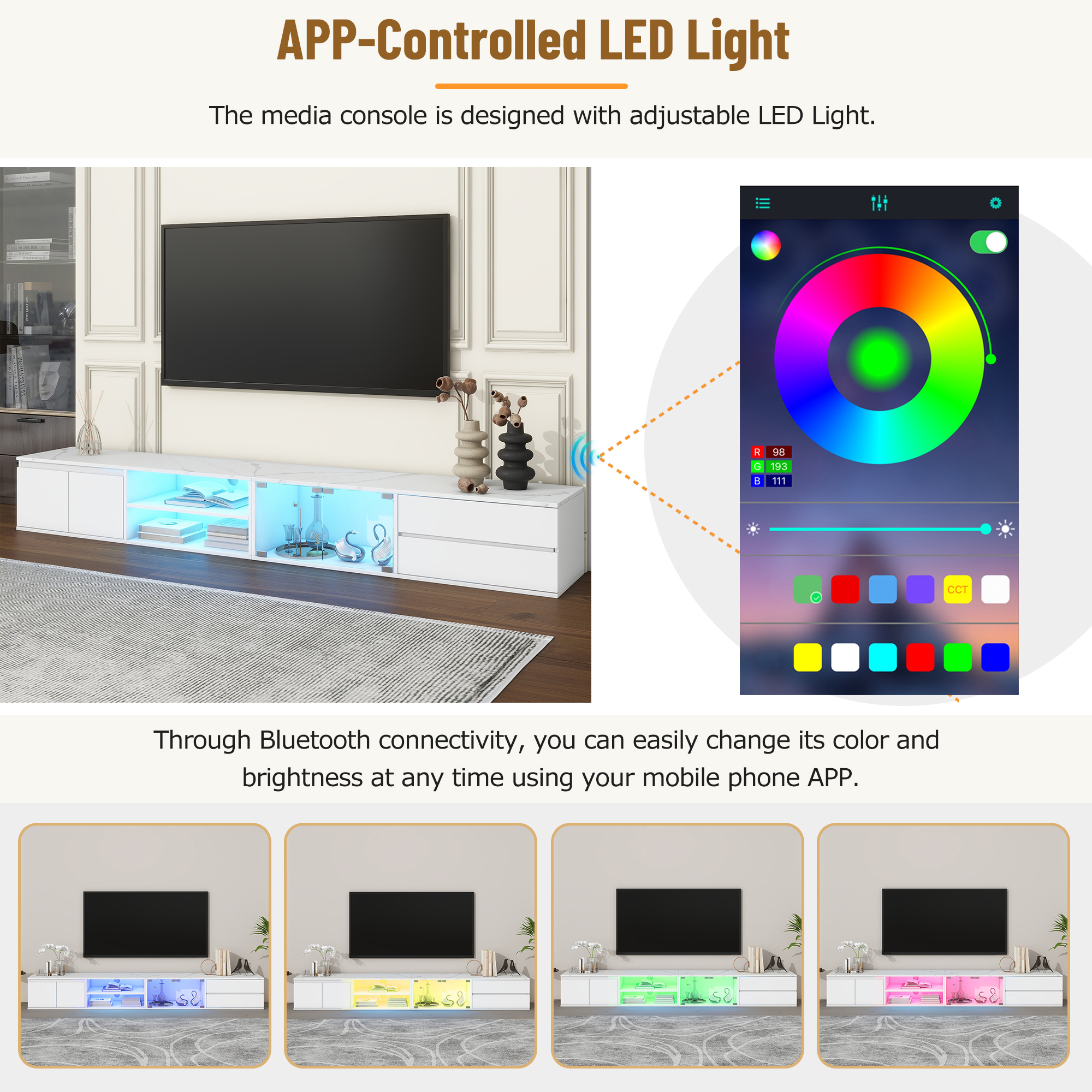 EUROCO 94.5" TV Stand Up to 100/105 inch TV,Modern APP LED TV Stand for Living Room,High Gloss Entertainment Center with Faux Marble Tabletop ,Tempered Glass Doors, 2 Drawers & Cabinets,TV Console