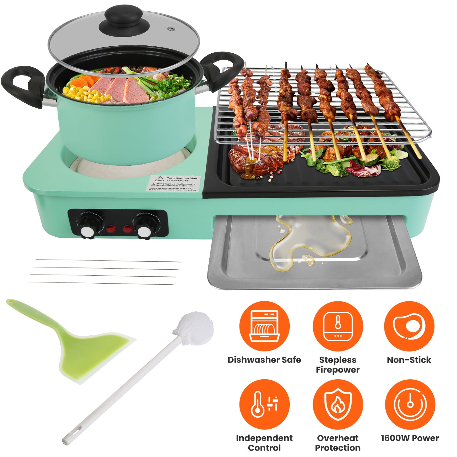 TeqHome 3 in 1 Electric Hot Pot with Grill 1600W Independent Temperature Control Smokeless Non-Stick Pot and Griddle for Korean BBQ Steaks Shabu Shabu and Noodles Fast Heating Green