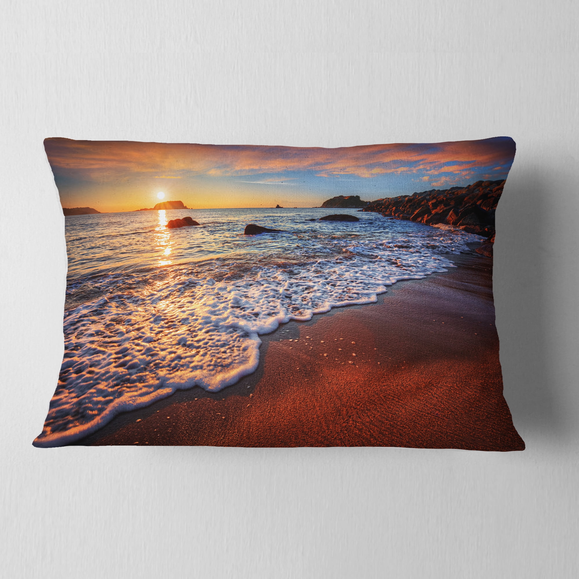 Designart Stunning Ocean Beach at Sunset - Seashore Throw Pillow - 12x20
