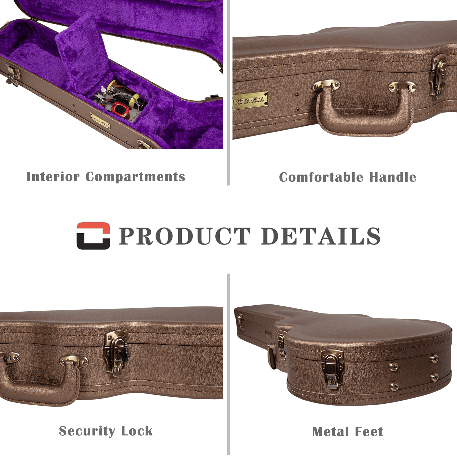 Crossrock Designer Series- Wooden Case for Les Paul Electric Guitar- Security Lock, Metal Feet, Storage Space- Chocolate Brown