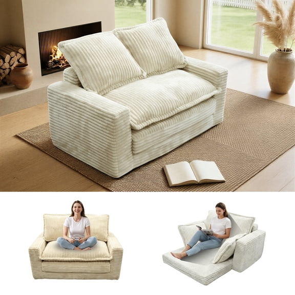 Kelyda Convertible Sofa Bed, 2 in 1 Modern Cloud Boneless Sofa Bed Loveseat Couch Sleeper Chairs for Living Room Beige