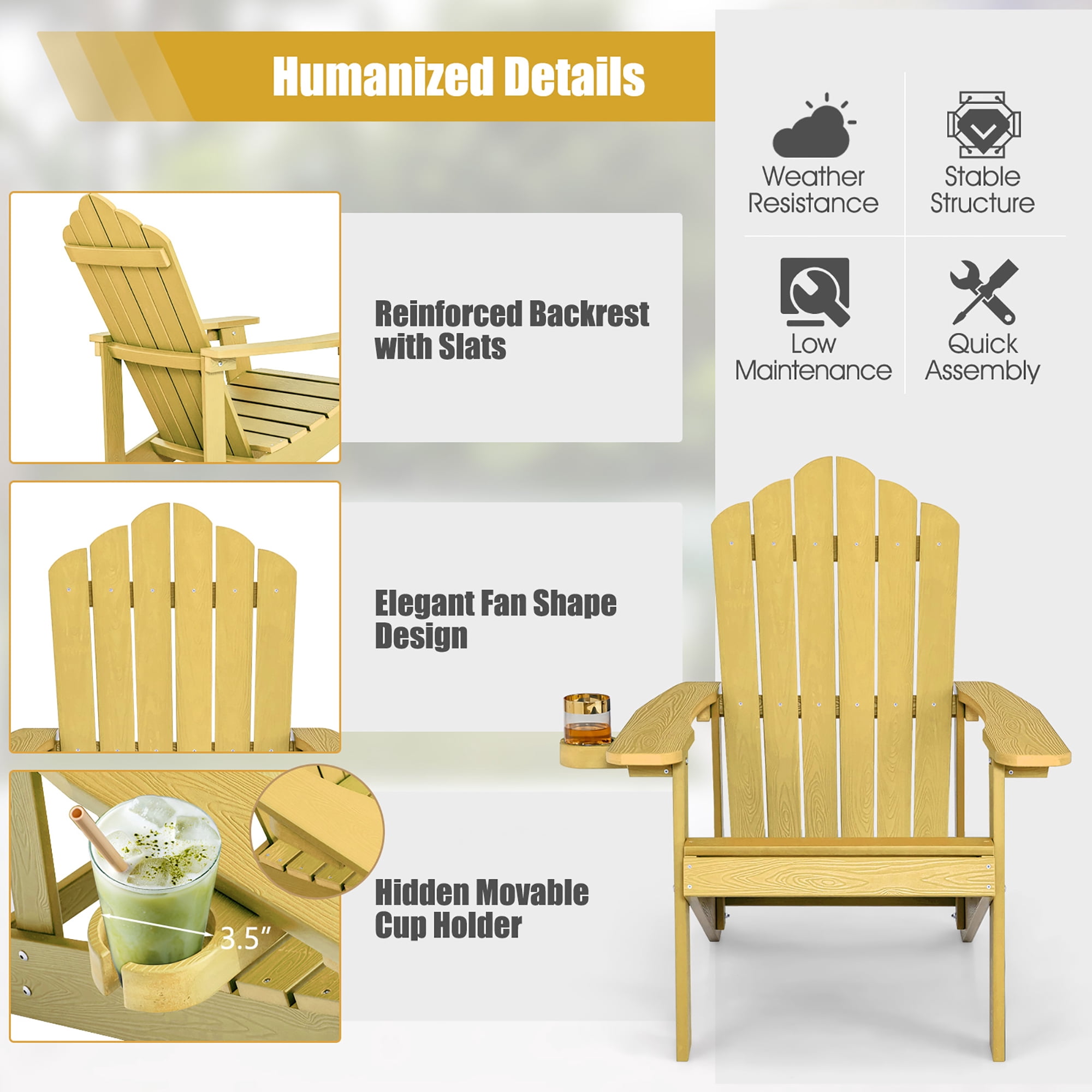 Costway Patio HIPS Adirondack Chair with Cup Holder Weather Resistant Outdoor 380LBS Yellow