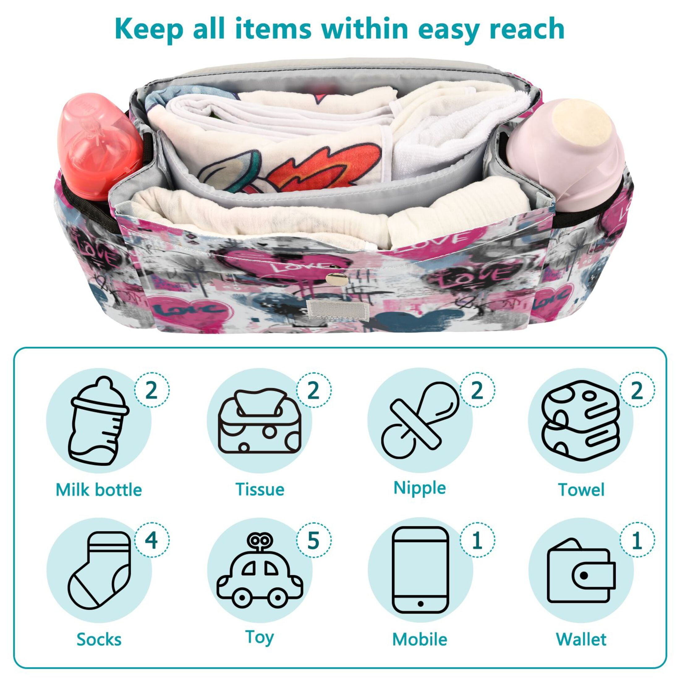 DIXRUYEE Stroller Organizer Pink Love Graffiti Printed