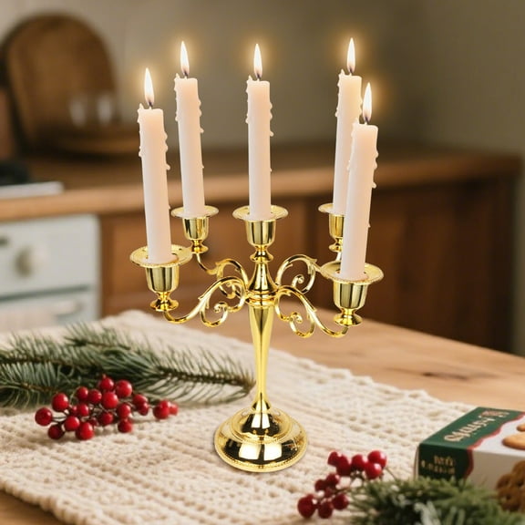 Christmas Candle Holders, European 5 Arm Metal Candlestick Stand for Taper Candles, 10.5 inch Tall Candle Stand for Halloween Wedding Birthday Party Table Decor, Gold
