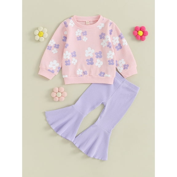 Loicainy Baby Kids Little Girl 2Pcs Fall Outfits 6 12 24 Months 2T 3T 4T 5T Long Sleeve Floral Print Pullover Tops   Flare Pants Set Toddler Spring Clothes Set