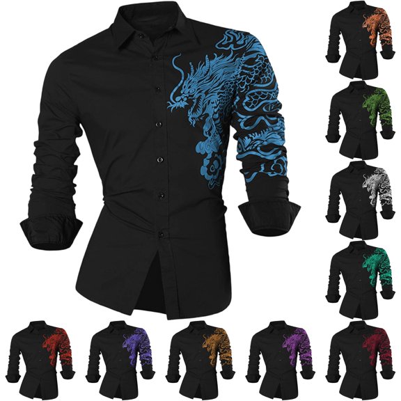 Wxolcjlv Blue Dragon Cloud Print Button Down Shirt for Men Turn Down Collar Long Sleeve Street Casual Slim Blouse