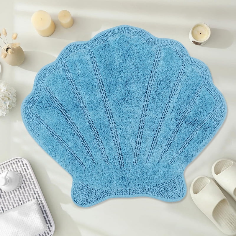 Better Trends Seashell Bath Rug 100% Cotton Cute Beach Theme Bathroom Mat, Soft & Absorbent, Reversible, Washable Mat, Blue Sea Decor for Kids & Home
