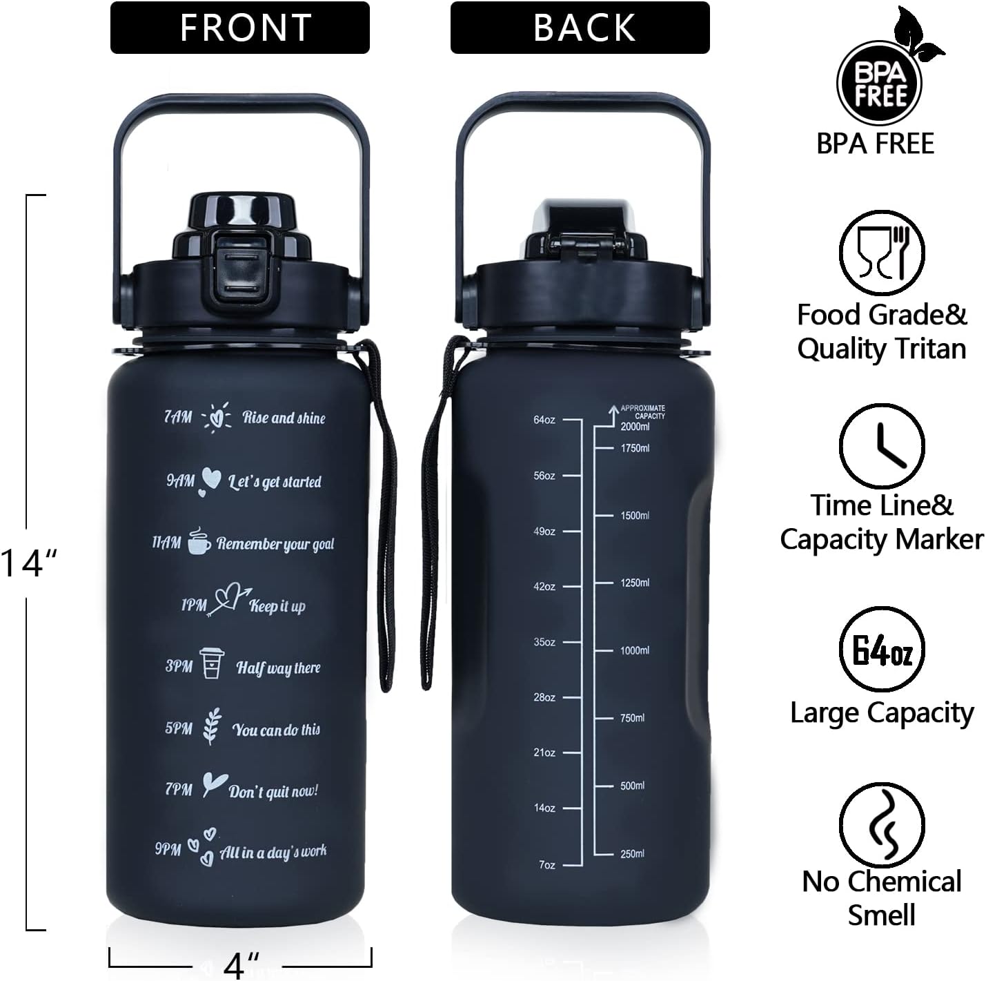 Half Gallon Water Bottle with Sleeve - BPA Free Water Bottle 64 OZ - with Time Marker Leakproof Water Jug - Motivational Workout Water Bottle for Office Gym Outdoor Hiking Travel
