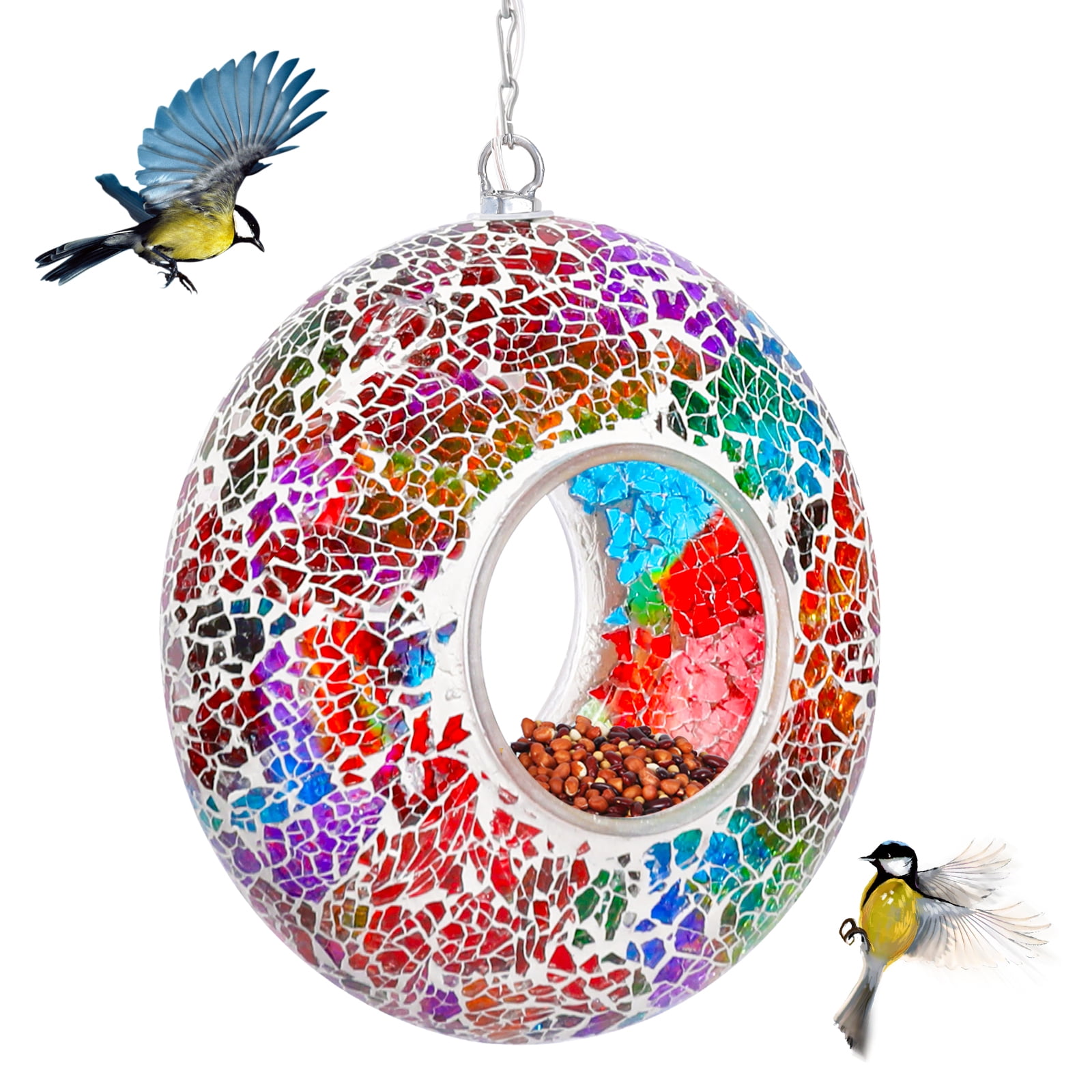 Solar Mosaic Fly Through Bird Feeder Outdoor Garden Light LED Patio Round Glass with Mosaic Design Hanging Fly-Through Bird Feeder - 9" - Red