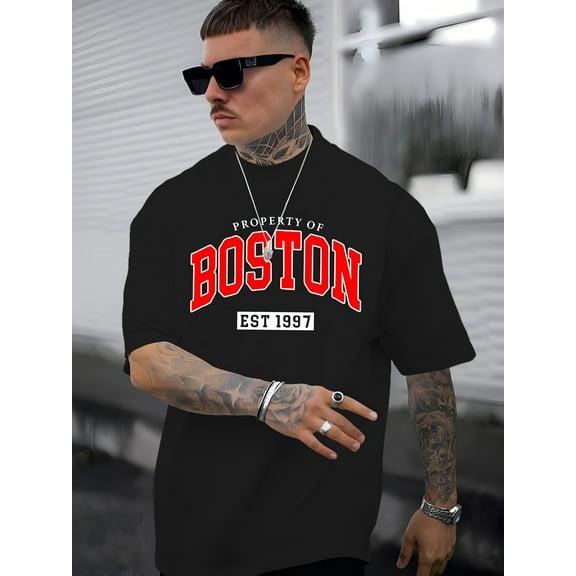 Men's Casual Short-Sleeve T-Shirt With " Boston Est 1997 " Vibrant Letter Print, Comfortable Top For Spring And Summer, Crew Neck Tee, Relaxed Fit
