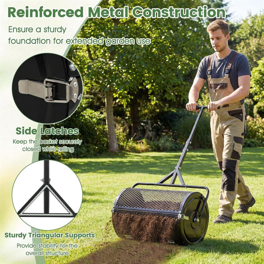Topcobee 24 Inch Compost Spreader Peat Moss Spreader Roller with Height-Adjustable T-Shaped Handle, Garden Spreaders for Lawns-Black