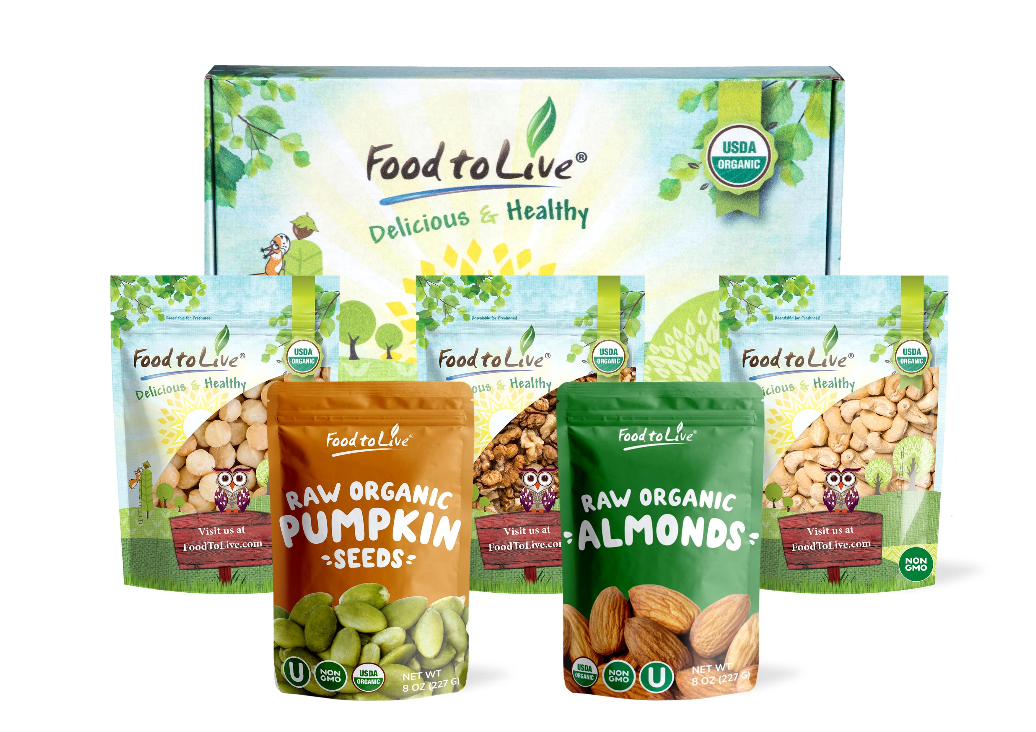 Organic Healthy Nuts & Seeds in a Gift Box - A Variety Pack of Almonds, Walnuts, Cashews, Macadamia Nuts and Pumpkin Seeds – by Food to Live