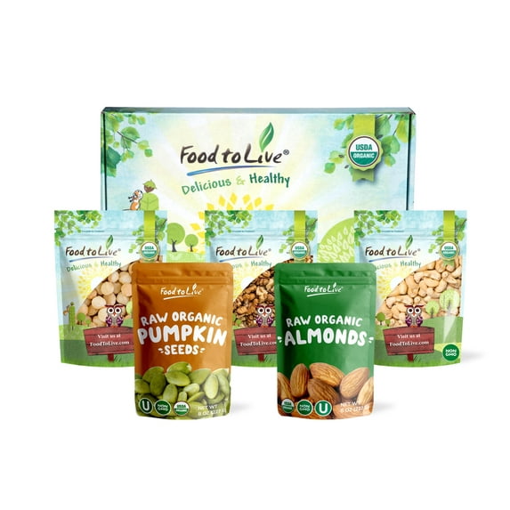 Organic Healthy Nuts & Seeds in a Gift Box - A Variety Pack of Almonds, Walnuts, Cashews, Macadamia Nuts and Pumpkin Seeds – by Food to Live