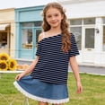 thumbnail image 2 of HAiming Girls Tops off the Shoulder Short Sleeve Striped Color Block T Shirts Loose Casual Fashion Tee Summer Vacation Workout Blouses, 2 of 9