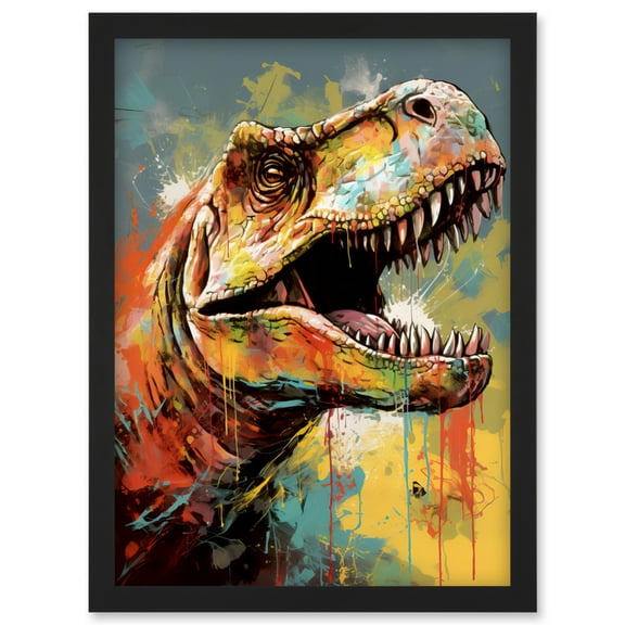T-Rex Roaring Dinosaur Multicoloured Portrait Artwork Framed Wall Art Print A4