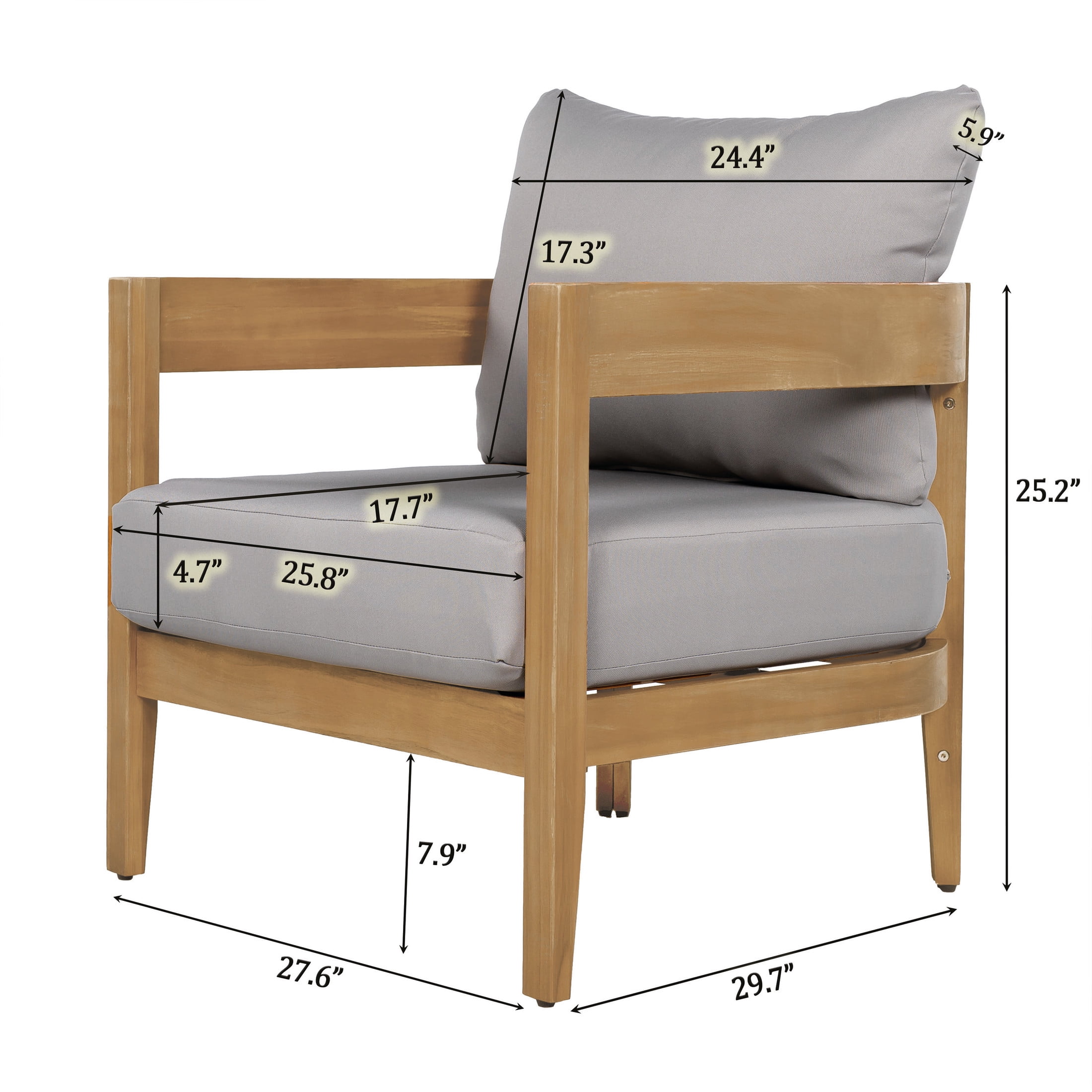 Christopher Knight Home Outdoor Lounge Chair with Tub Backrest, Solid Wood Frame, Gray Cushion