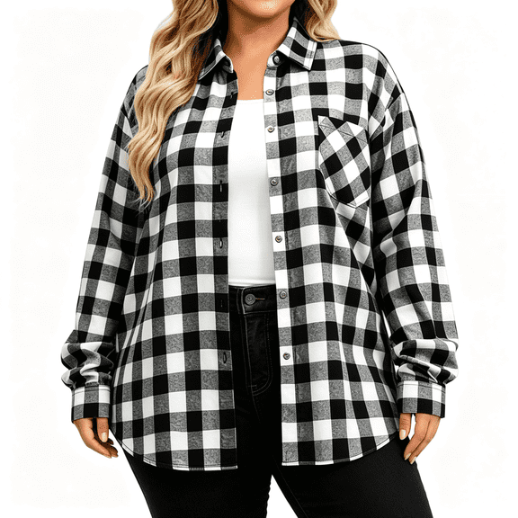 Womens Plus Size Plaid Shirts Casual Turndown Collar Long Sleeve Button Down Fall Fashion Shirts Blouse Black XL-5XL