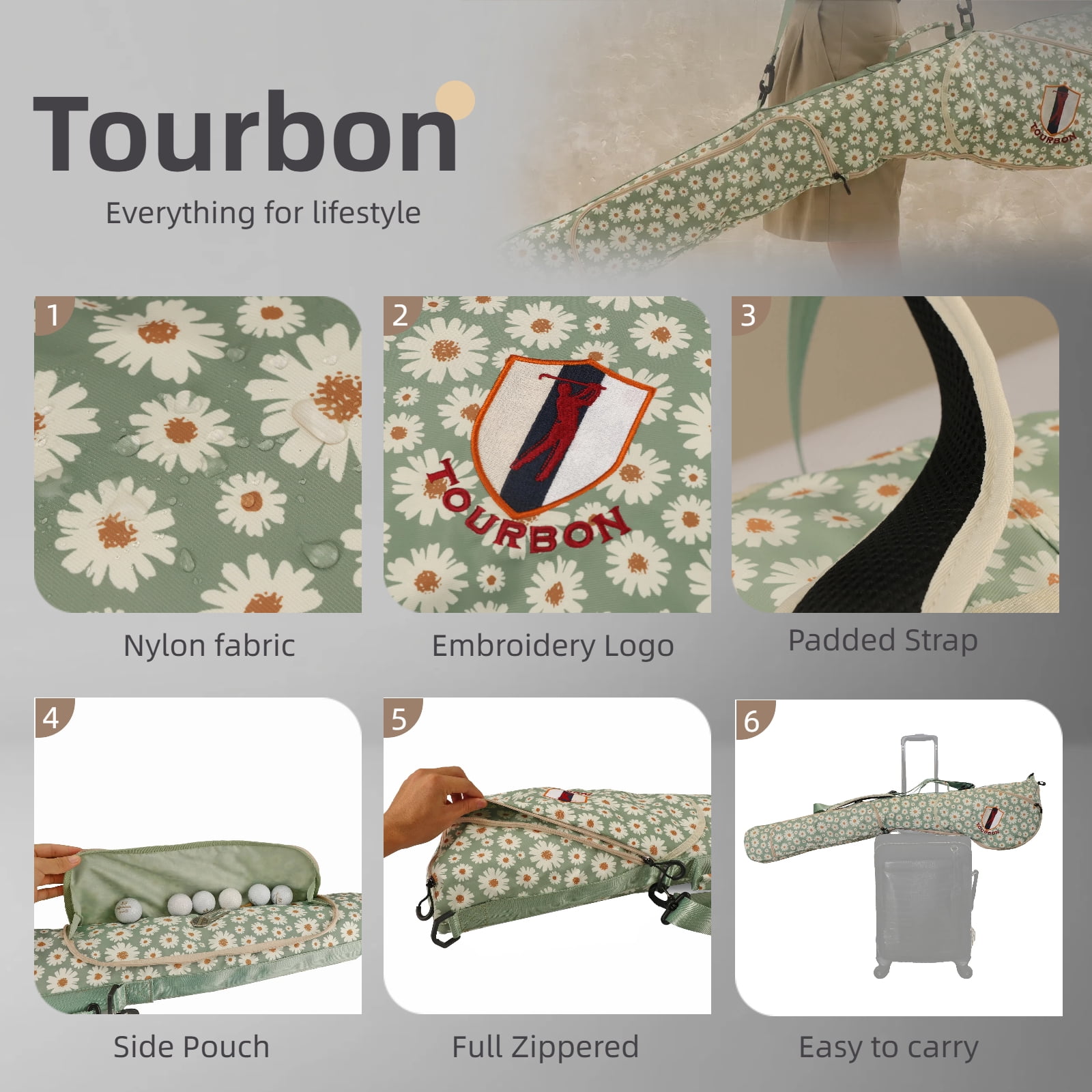 TOURBON Waterproof Sunday Golf Bag, Lightweight Nylon Floral Print Golf Club Carry Bag for Driving Range, Travel & Storage, Holds 7-9 Clubs-1 Count