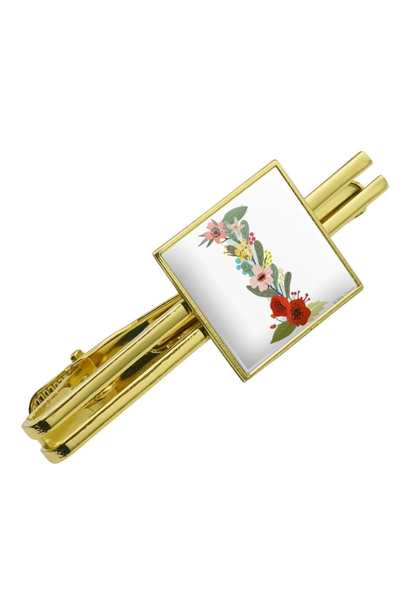 Letter I Floral Monogram Initial Square Tie Bar Clip Clasp Tack- Silver or Gold