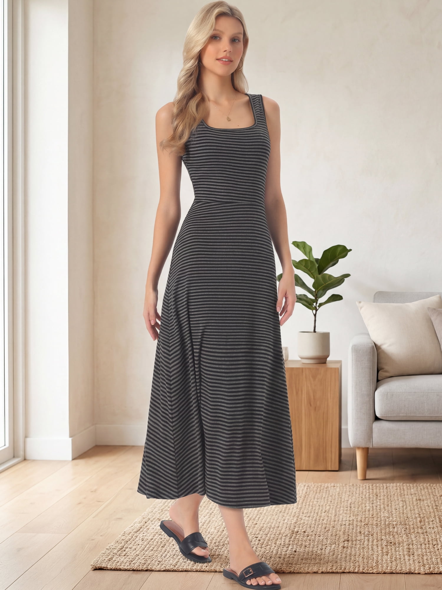 DARING DIVA Women's Striped Midi Summer Ribbed Casual Sleeveless Tank Dresses L Gray