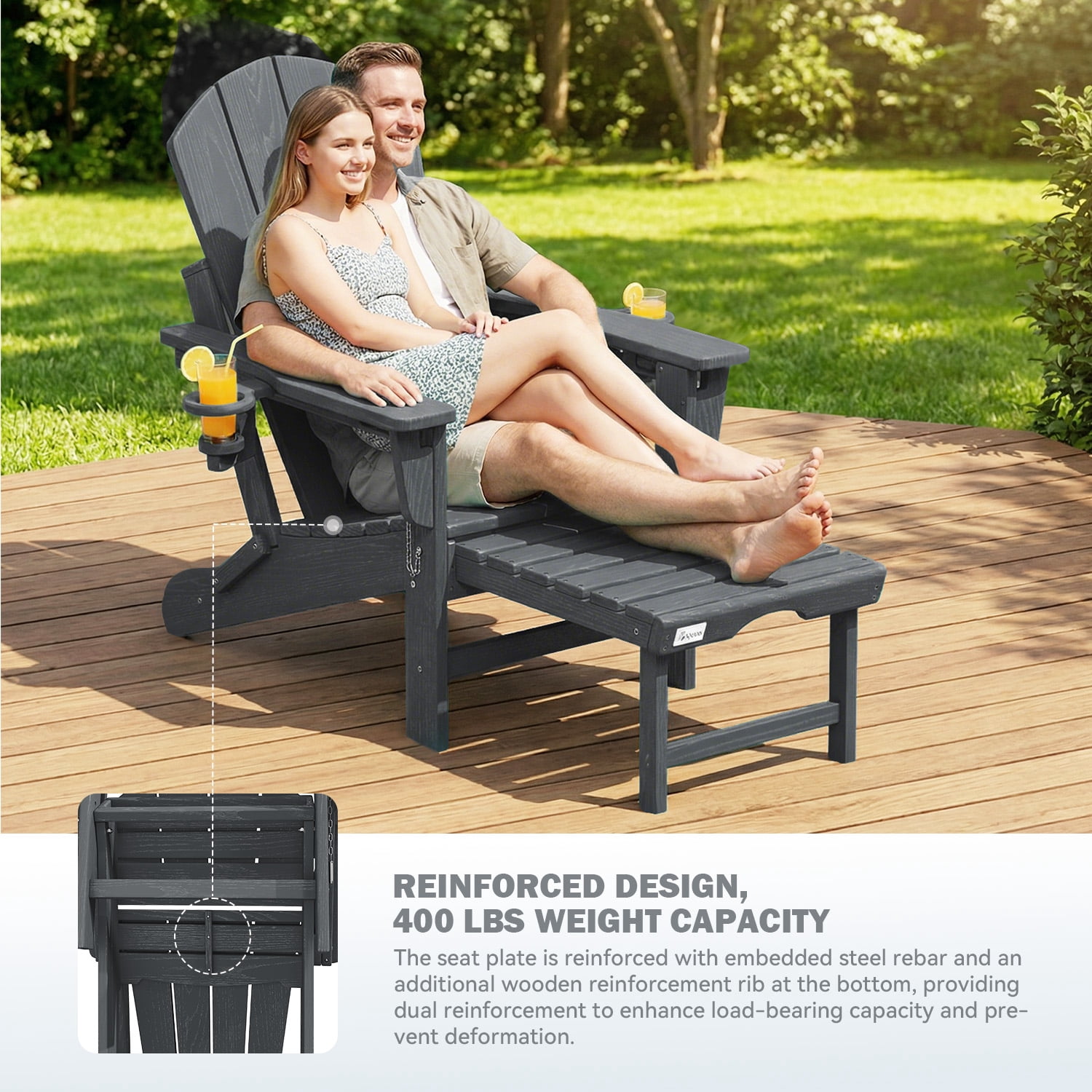 Erinnyees 3-Level Adjustable Adirondack Chair with Retractable Ottoman, HDPE All-Weather Folding Fire Pit Chair with 2 Cup Holders, Outdoor Chair for Garden