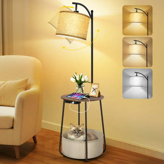 OUTON Walnut Floor Lamp with Table, End Table with Lamp for Living Room with USB & Type C Charging Port, Dimmable Lamps for Nightstand Attached for Bedroom