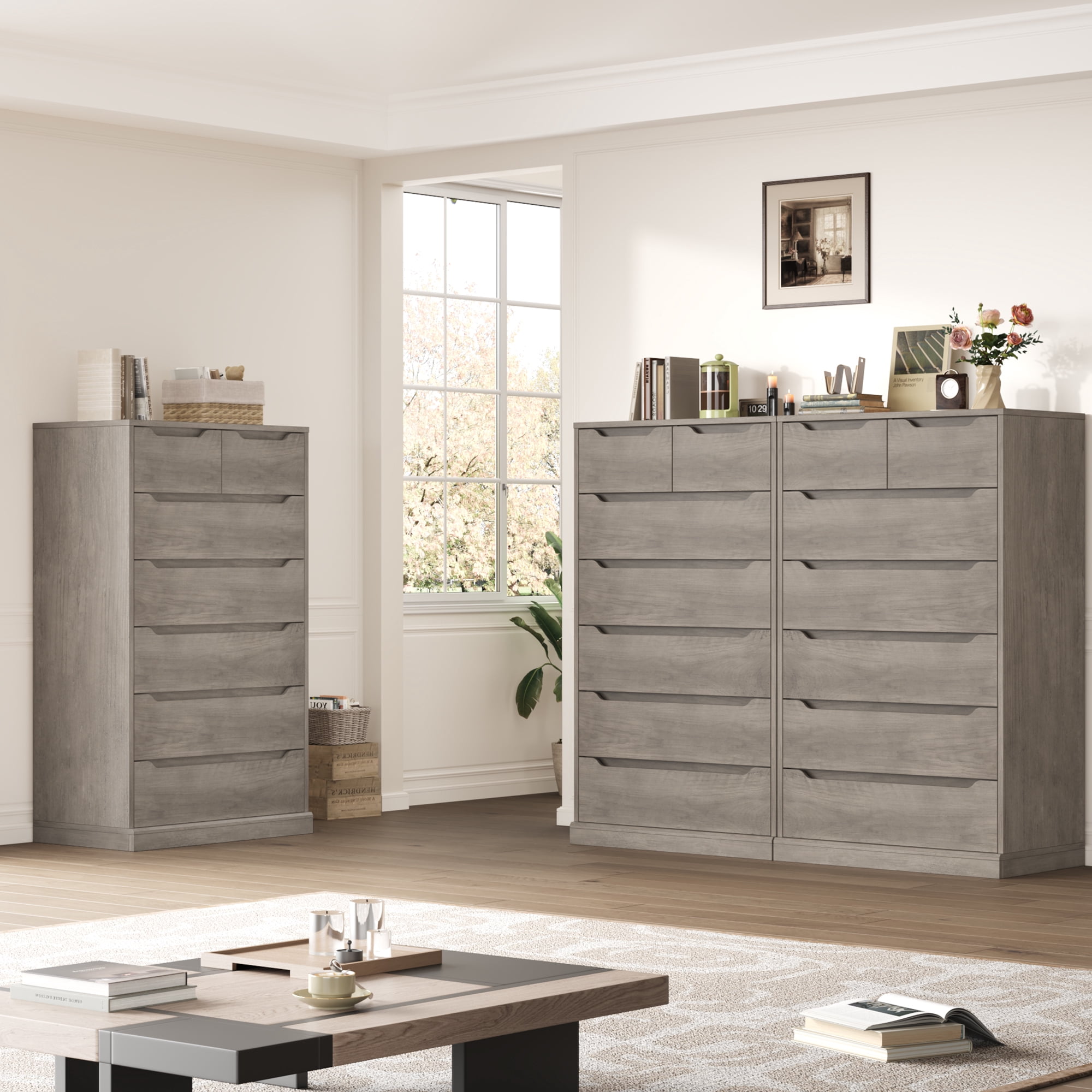 Homfa 7 Drawer Dresser, 51.3"H Wood Storage Cabinet with Upgraded Stable Base, Vertical Chest for Bedroom Living Room, Wash Gray