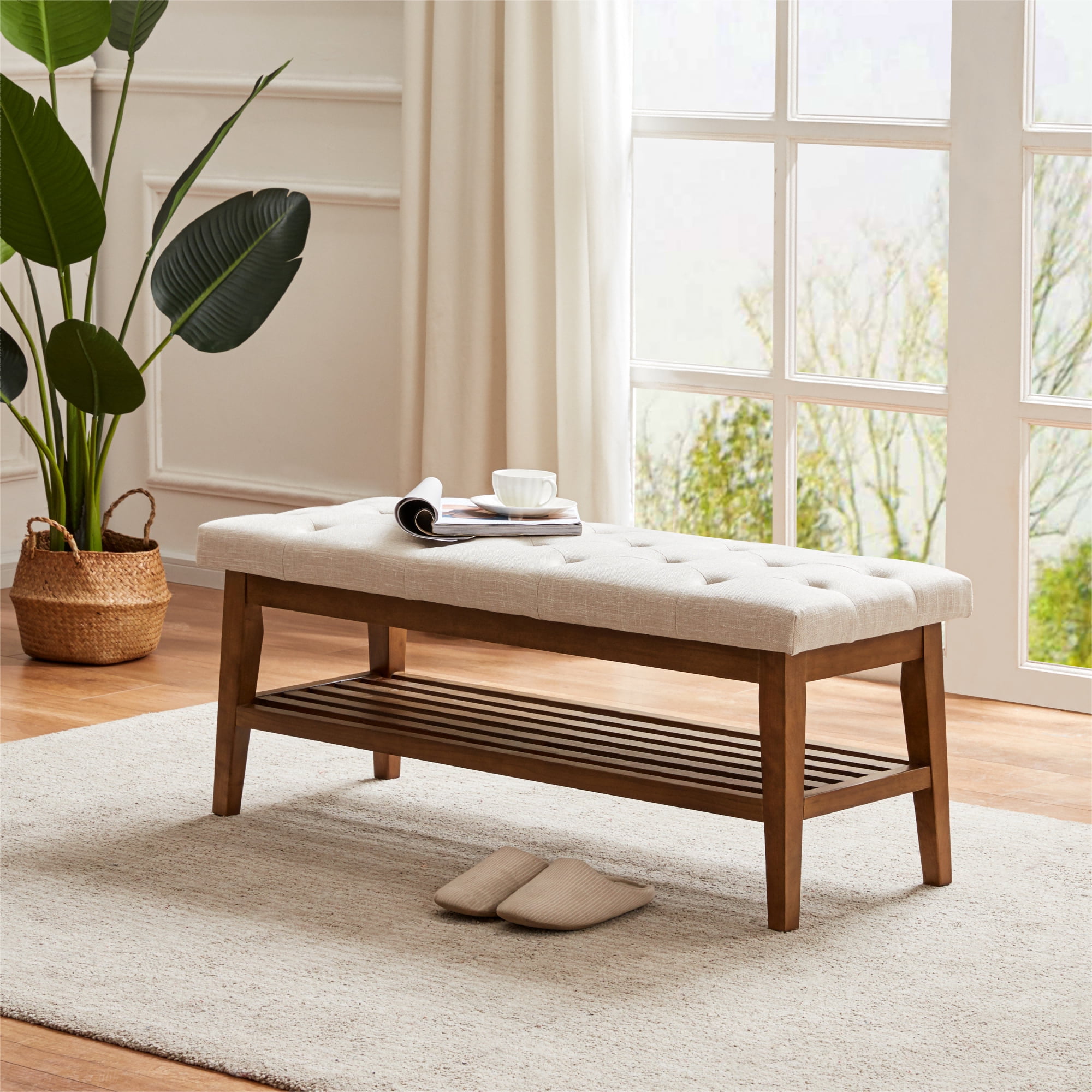 HUIMO Indoor Bench with Shoe Storage Upholstered Cushion Wood Shelf for Living Room Kitchen Beige Walmart