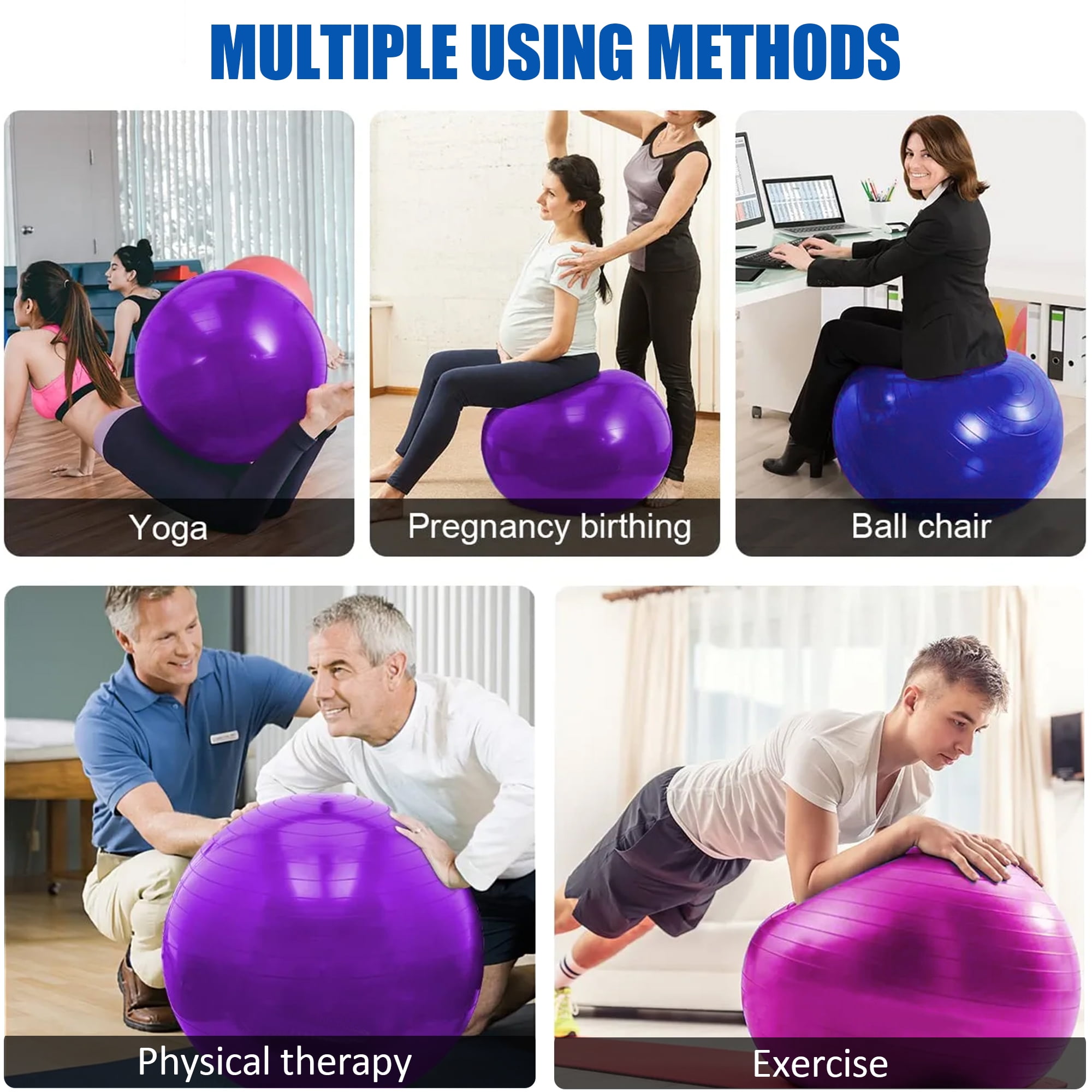 Exercise Ball, Pilates Yoga Ball for Fitness Pregnancy, Stability Balance Ball Chair with Quick Pump, Anti-Burst Workout Gym Equipment for Home, Office (Purple 55cm)