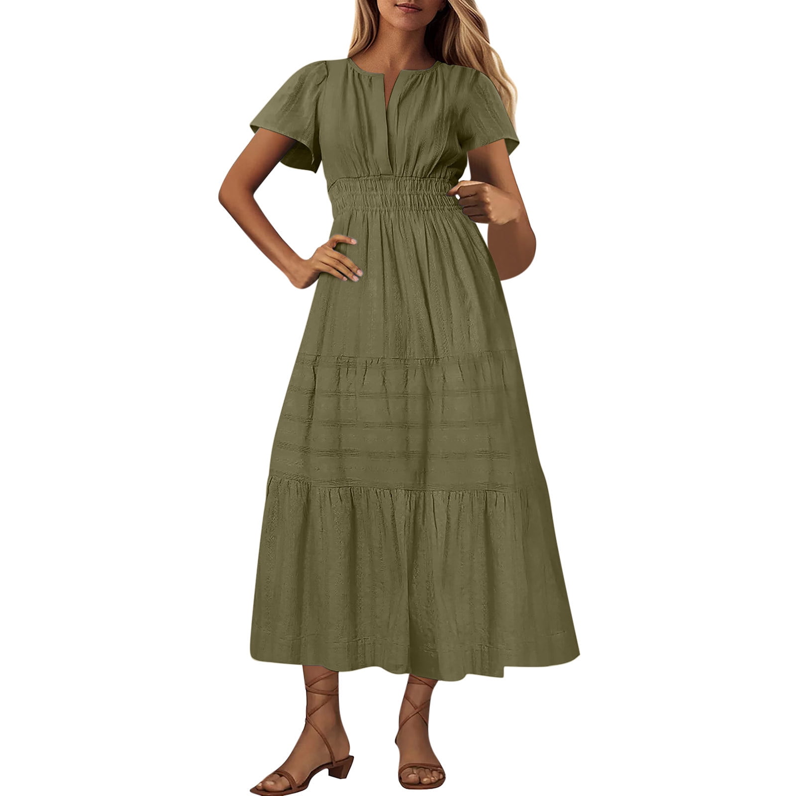 Lorytime Dresses for Women Mid Length Green Summer Short Sleeve Midi Dress Pleated Tiered Hawaiian Flowy Calf Length Dresses Solid V Neck Dress Loose Vacation Trendy Clothes L