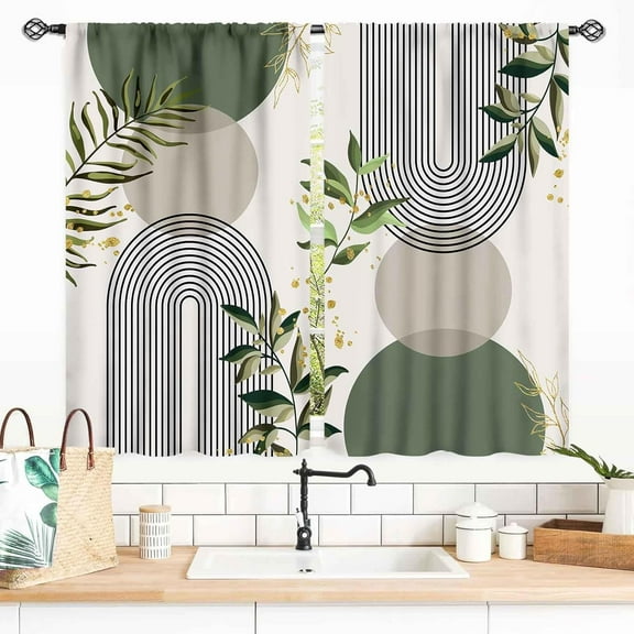 Mid Century Modern Curtains, Boho Aesthetic Green Tropical Palm Leaves Abstract Minimalist Geometic Arch Small Short Curtains Treatments for Bedroom Living Room Bathroom 2 Panels, 55x39 Inch