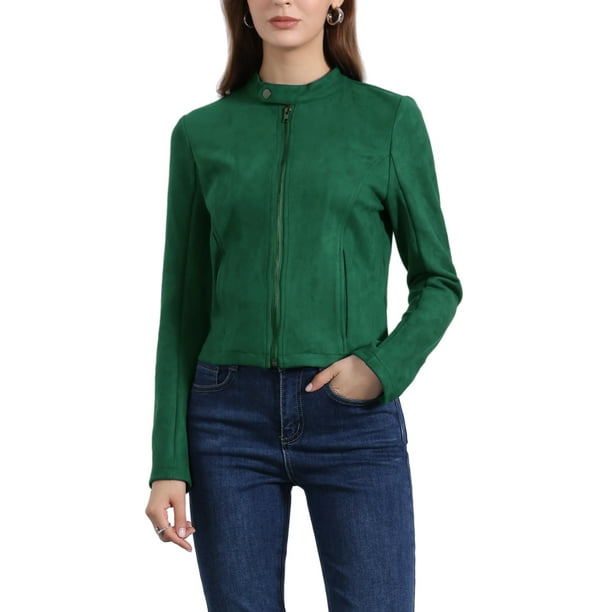 Chaqueta de motociclista recortada con cremallera de cuello alto de ante sintético para mujer Allegra K en verde oscuro