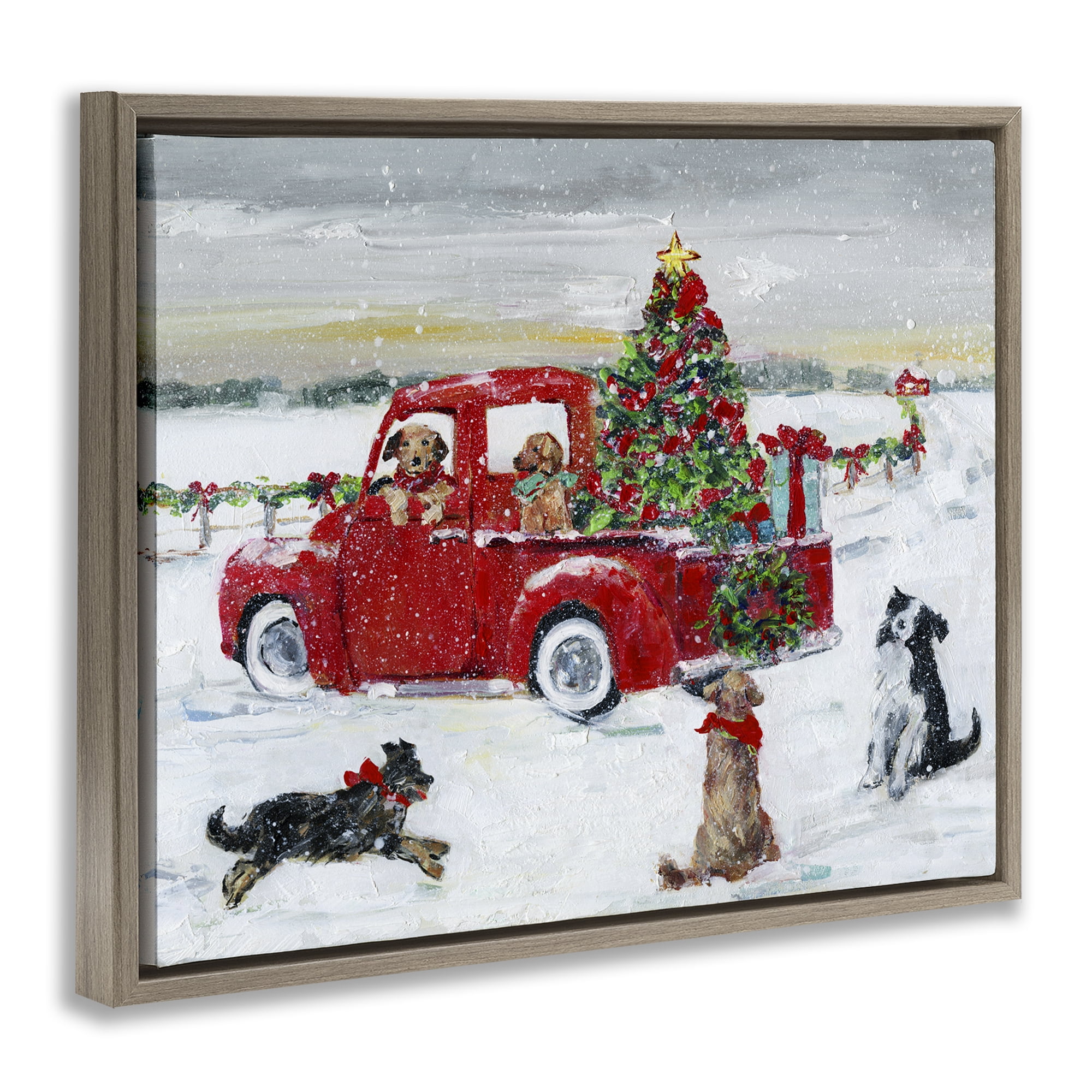 Stupell Industries Seasonal Truck with Dogs Holiday Painting Brown Floater Framed Canvas Art Prints Wall Art, 21 x 17