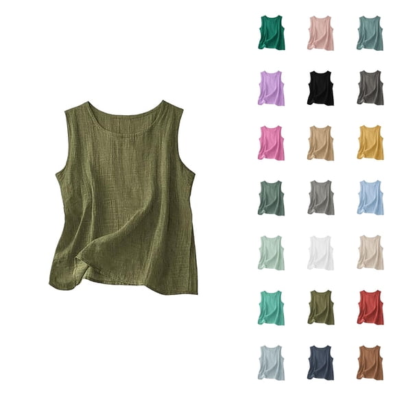 Linen Tank Tops for Women Summer Lightweight Crewneck Loose Sleeveless Tee Shirt Casual Blouse Beach Vacation Outfits