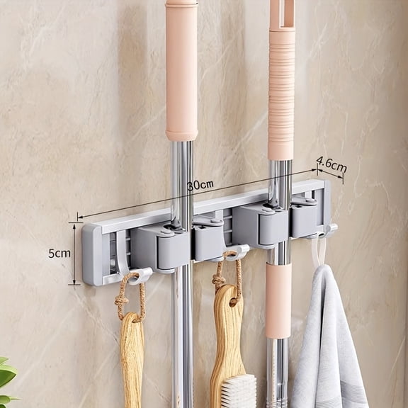 Silvery 3 Hooks 2 Clips,Heavy-duty Golden Metal Mop And Broom Holder with Adjustable Hooks - Wall-mounted Organizer for Home, Kitchen, Garden, Laundry Room, Garage - Durable Tool And Equipment Storag
