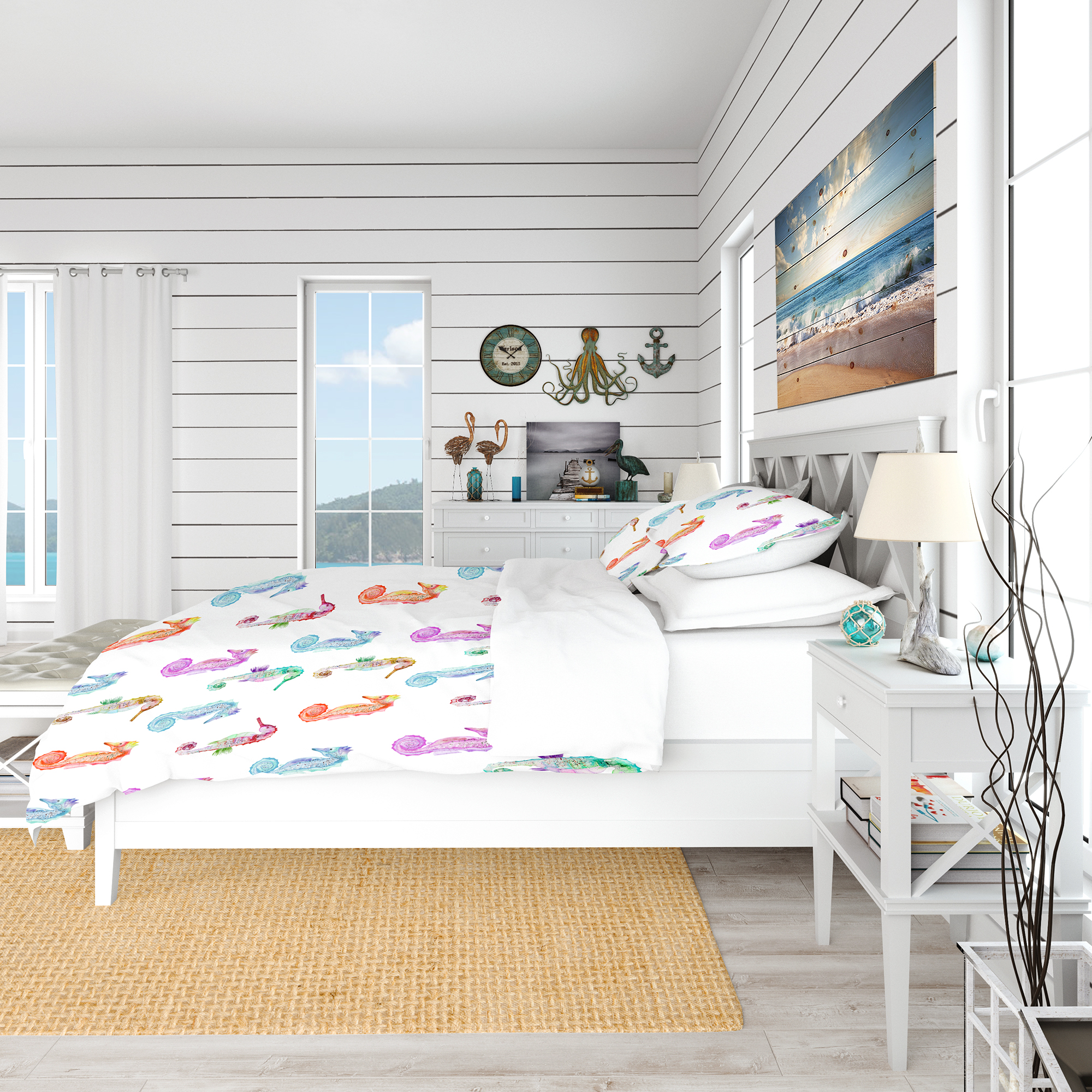Designart 'Pattern with Multicolored Seahorses' Nautical & Coastal Duvet Cover Set