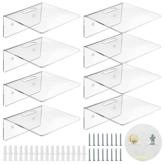 8 Pcs Acrylic Floating Shelves, Clear Wall Shelves for Storage and Display, Small Wall-Mounted Shelves, Includes Screws and Plastic Clips for Easy Installation