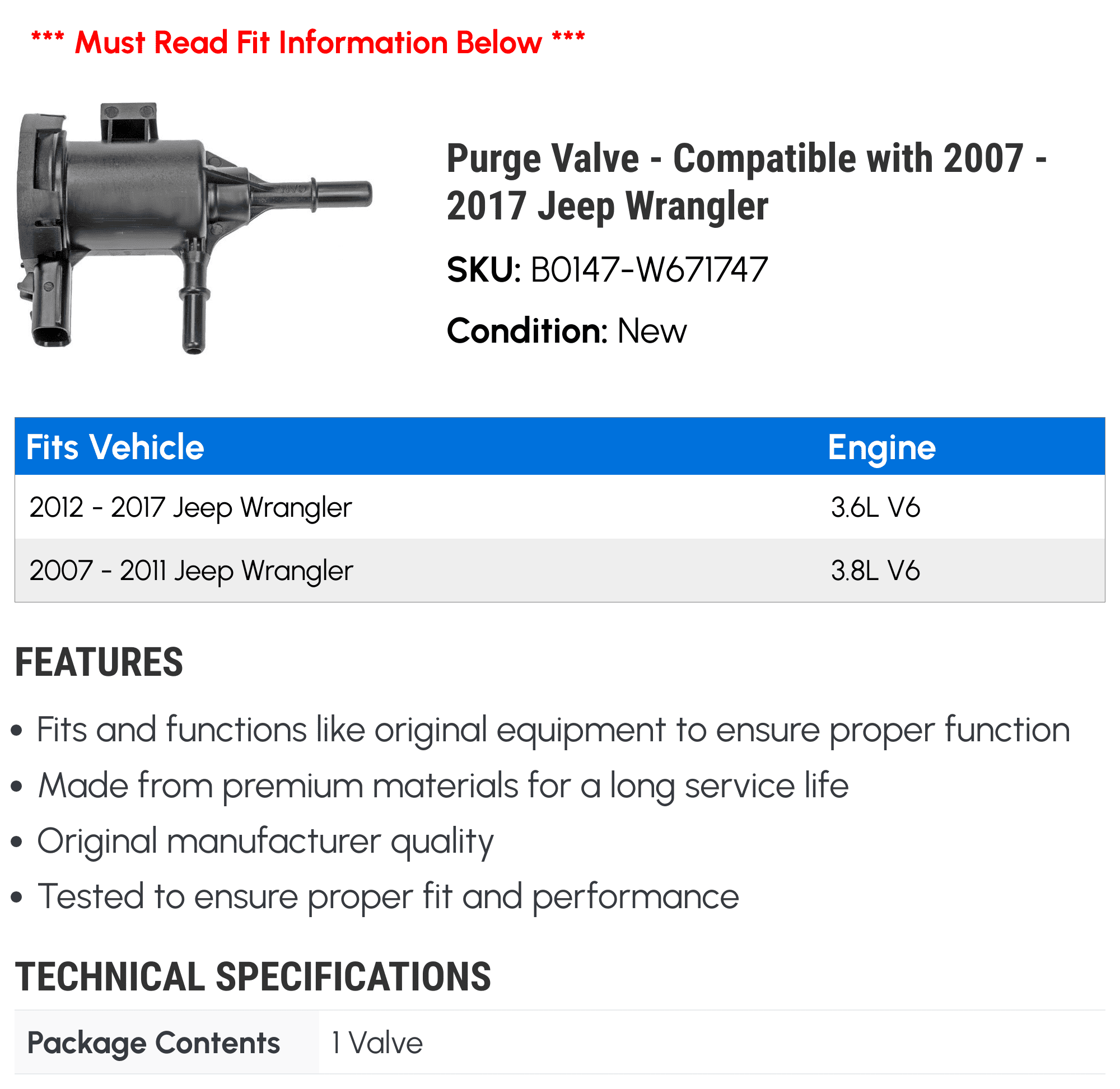 Purge Valve - Compatible with 2007 - 2017 Jeep Wrangler - Dorman