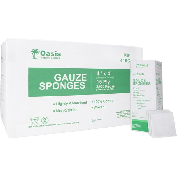 Oasis 4 x 4 inch Gauze Sponges, 100% Cotton, 16-Ply Woven Non-Sterile Gauze, 1 Case of 2000 (10 Packs of 200)