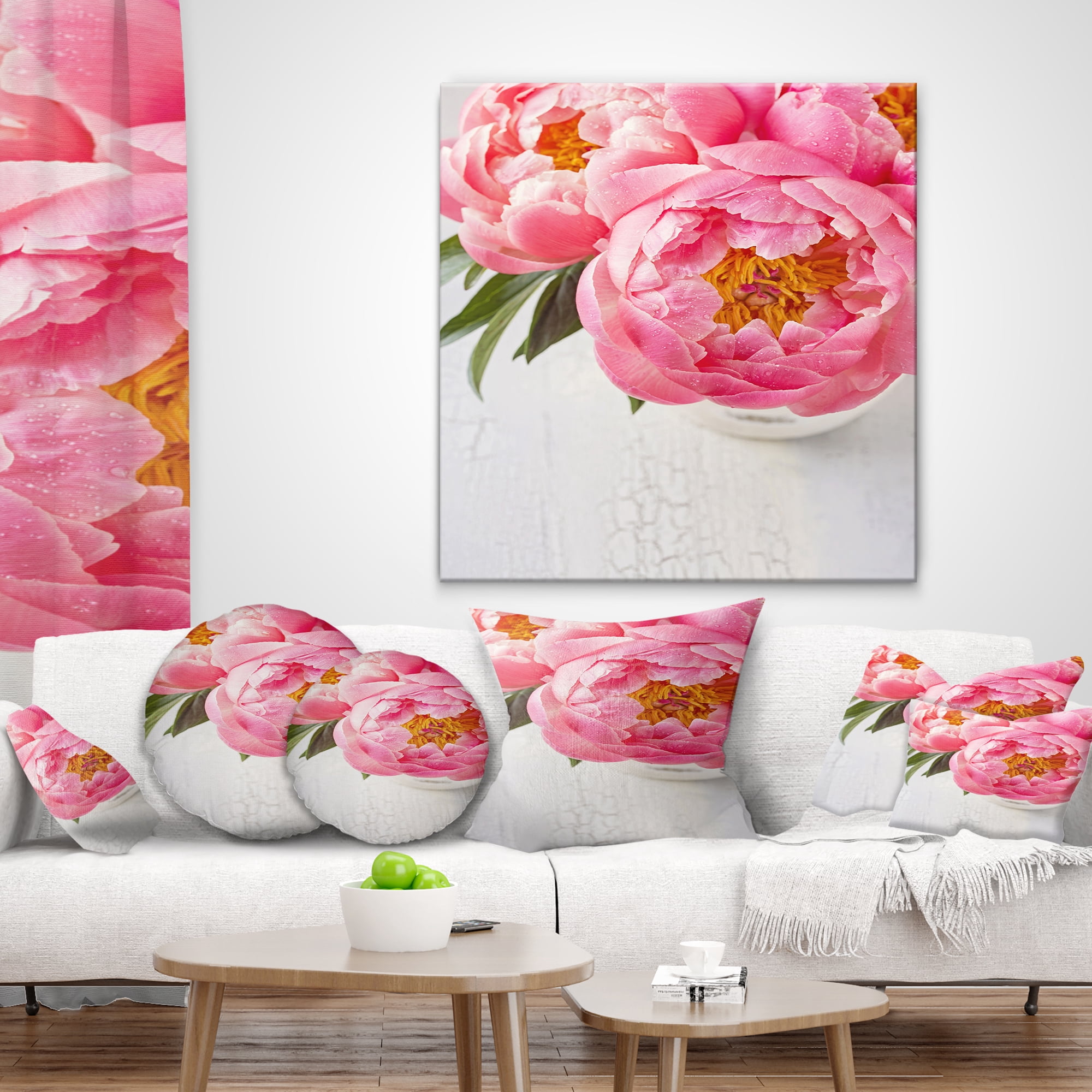 Designart Full Bloom Pink Peony Flowers - Floral Throw Pillow - 12x20