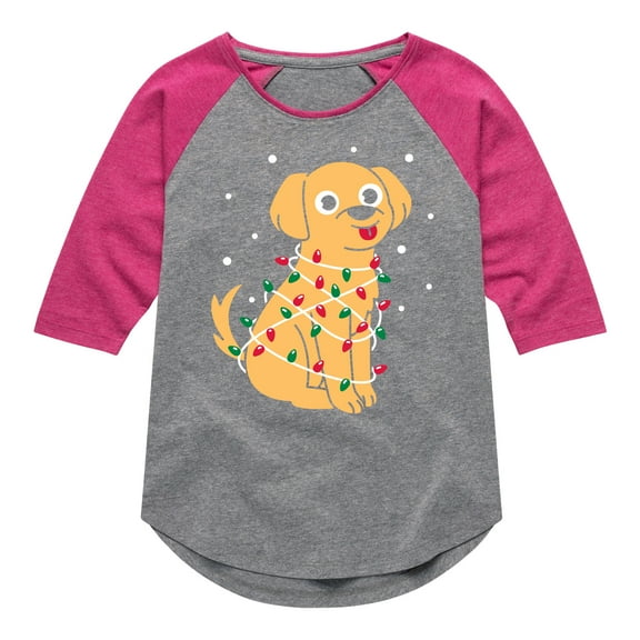 Instant Message - Dog Wrapped In Christmas Lights - Toddler & Youth Girls Raglan Graphic T-Shirt