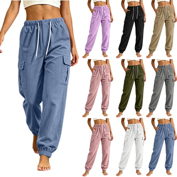 Xugsiok Corduroy Sweatpants for Women Drawstring Elastic Waist Straight Leg Jogging Cuffed Pants with Pockets Casual Solid Loose Tapered Leg Trousers