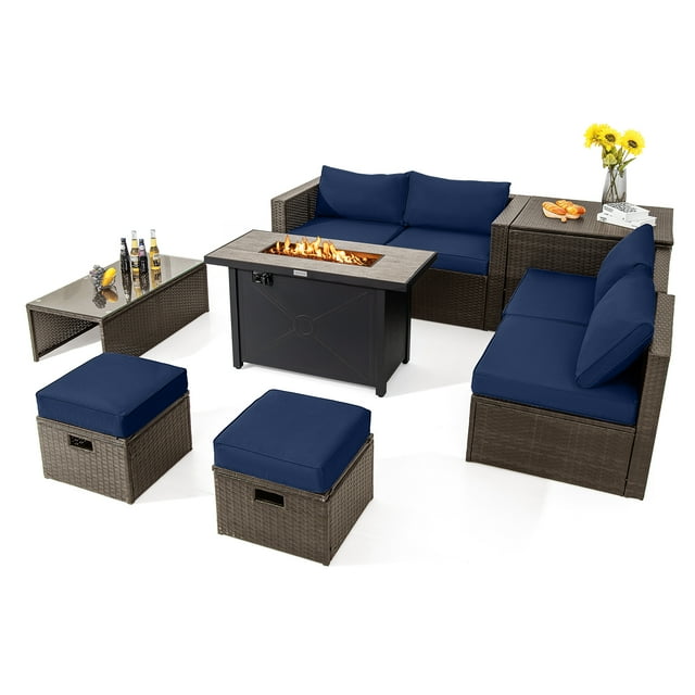 Patiojoy 9 Pieces Outdoor Patio Furniture Set with 42" Propane Fire Pit Table Outdoor PE Wicker Space-Saving Sectional Sofa Set Navy