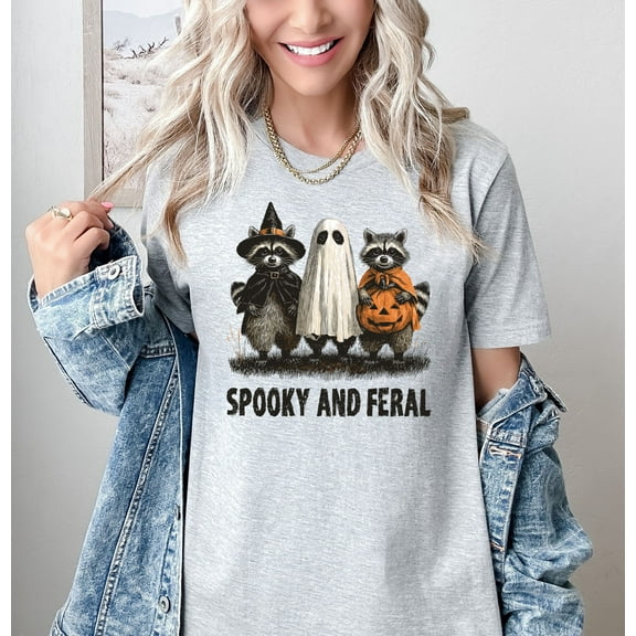 Moonlight Apparel Funny Halloween T-Shirt Spooky and Feral Raccoon Graphic Tee Cute Animal Print Short Sleeve Top for Fall Holiday Outfits