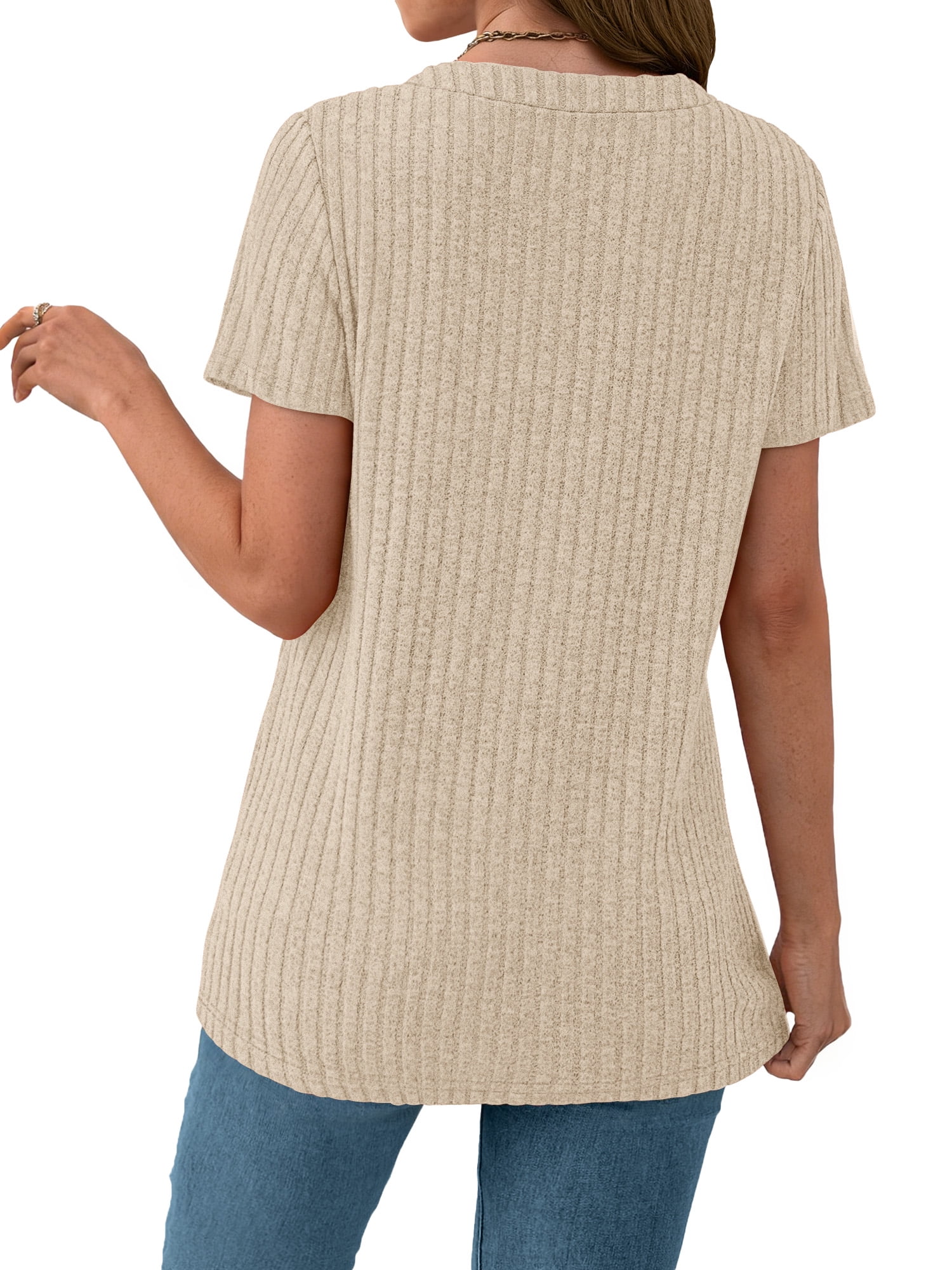 Fantaslook V Neck Tops for Women Short Sleeve Henry Shirts with Button Dressy Casual Summer Blouses Tops
