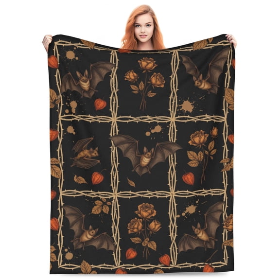 Gothic Floral Bat Blanket, Halloween Flannel Throw Blanket, Soft Warm Cozy Blanket for Sofa, Couch, Bed, Gothic Home Decor Gift 50x40