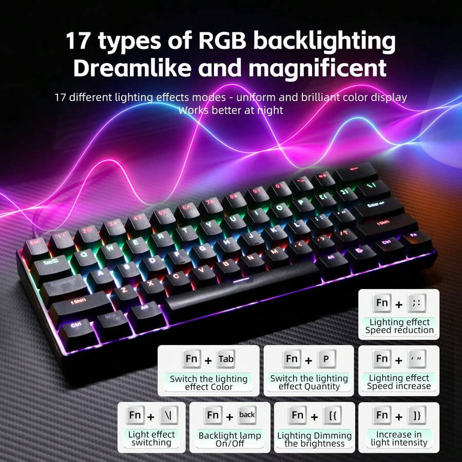 KL61 Wired 60% Mechanical Gaming Keyboard RGB Backlit 61 Keys Ultra-Compact With Hot Swappable Blue/Red Switch